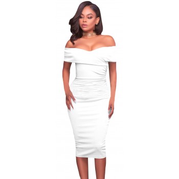 'Alana' witte knielange off shoulder bodycon jurk